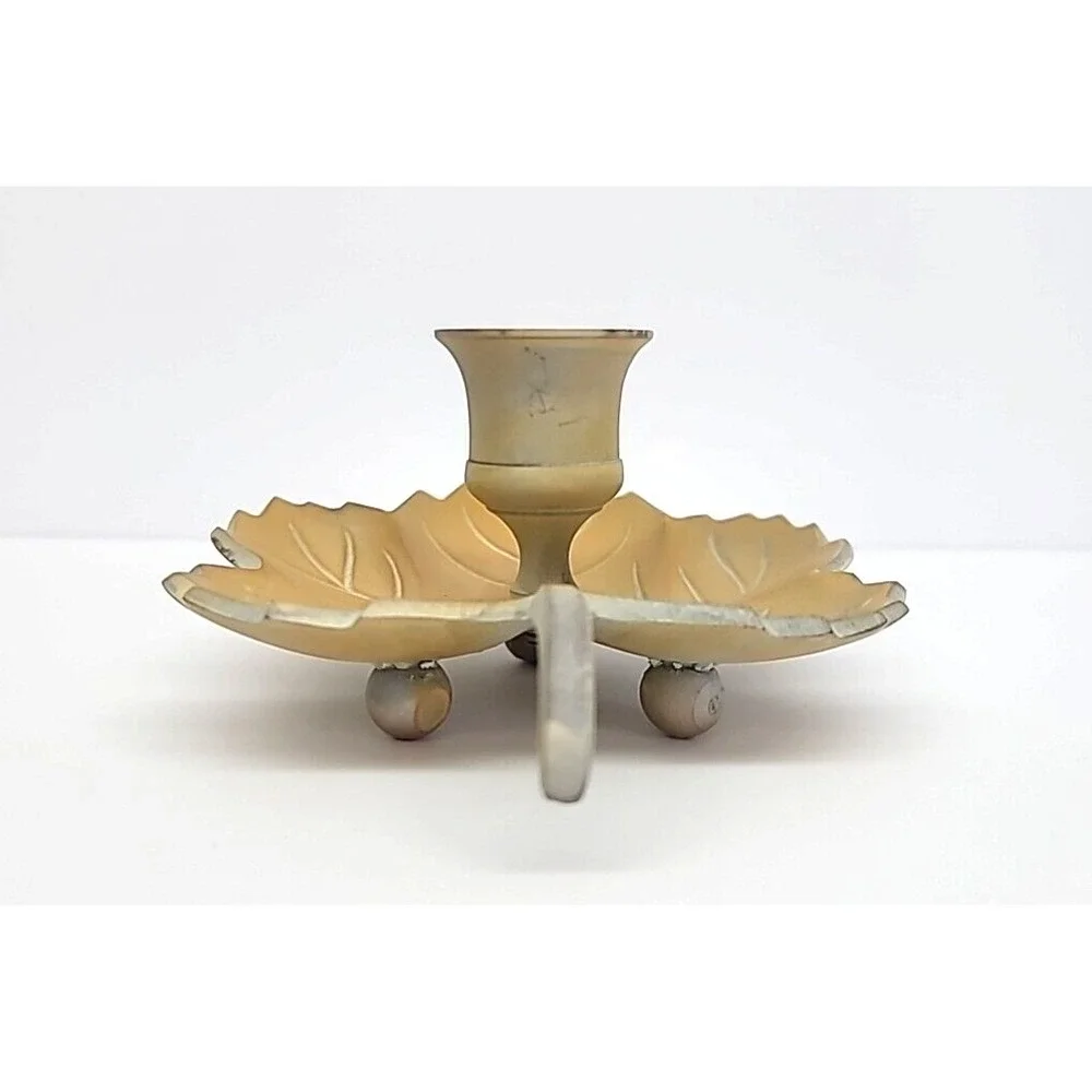 Tan Painted Brass Maple Leaf Single Candlestick Holder 5.5